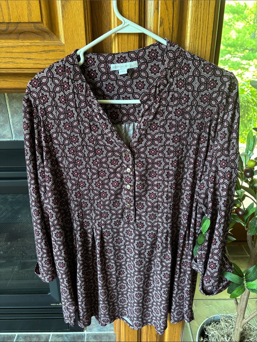Soft Surroundings Maroon Geometric Print Henley Tunic